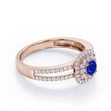 Double Halo 1.55 Carat Round Cut Sapphire And Diamond Split Shank Engagement Ring In Rose Gold