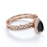 Beautiful 1.75 Carat Pear cut Lab Black Diamond Halo Wedding Ring Set in White Gold