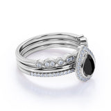 Bestselling 1.65 Carat Pear cut Lab Black Diamond Halo Trio Wedding Bridal Ring Set in White Gold