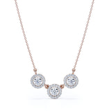 Trilogy 1 Carat Round Cut Moissanite And Diamond Three Stone Halo Pendant Necklace In Rose Gold