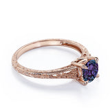 Flower Design 1 Carat Round Cut Lab Created Alexandrite Antique Milgrain Art Deco Engagement Ring In White Gold For Her
