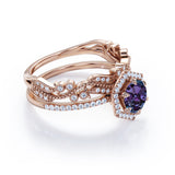 Antique Halo Hexagon 2 Carat Round Cut Lab Created Purple Alexandrite and Diamond Milgrain Pave Wedding Ring Sets - Bridal Set Rings in White Gold for Women