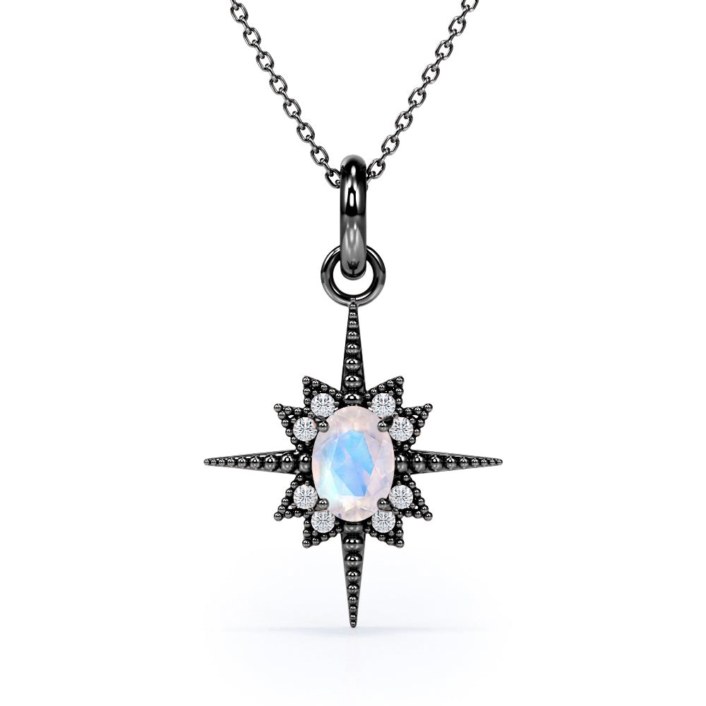 Traveler's Northern Star 1.10 carat Oval Moonstone and Moissanite Pendant with 18k Black Gold Over Silver Necklace
