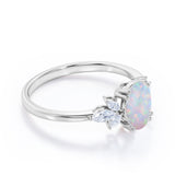 Leaf Design Eight Prongs 1.40 Carat Oval Cut Precious Fire Opal And Cubic Seven Stone Engagement Ring In Black Gold