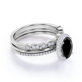 Artdeco 1.75 Carat Oval cut Lab Black Diamond Trio Wedding Bridal Ring Set White Gold