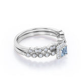 Classic 1.20 Carat Princess Cut Aquamarine And Diamond Vintage Wedding Ring Set In White Gold