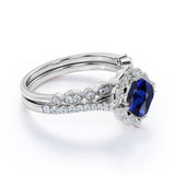 Unique Floral Styled 2 Carat Cushion Cut Sapphire and Diamond Halo Wedding Set with Art Deco Milgrain Band in White Gold