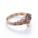 Vintage 0.75 ct Round Cut Black Rutilated Quartz Bridal Set