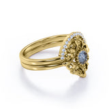 Starburst Filigree 0.65 Carat Round Cut Druzy Black Rutilated Quartz and Diamond Curved Pave Wedding Set Rings