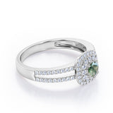 Double Halo 1.55 Carat Round Cut Green Moss Agate And Diamond Split Shank Engagement Ring In White Gold