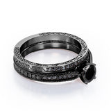 Milgrain-Edged 1.5 TCW Round-Shaped Lab Created Black Diamond Art Deco Victorian Design Wedding Set in White Gold