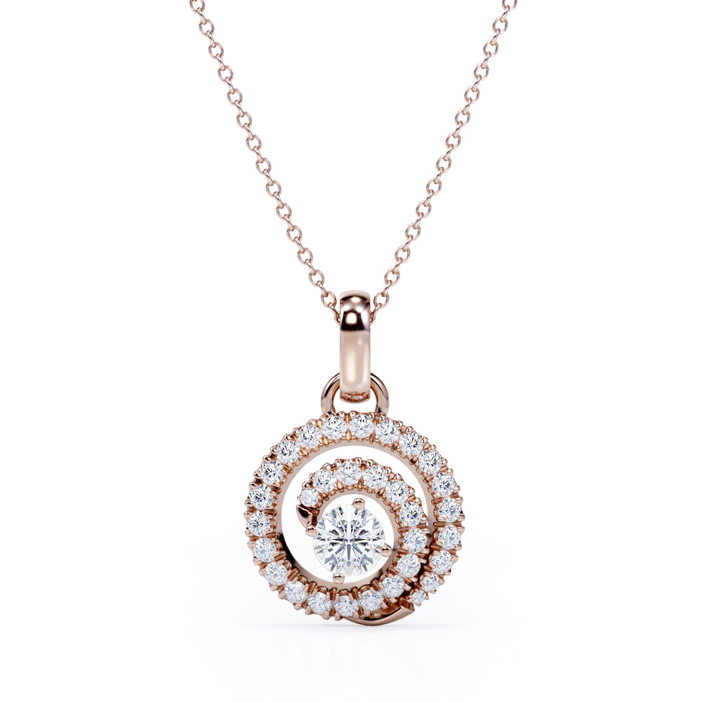 Unusual Circle French Pave 1.25 Carat Round Certified Moissanite and Diamond Journey Pendant Necklace in White Gold