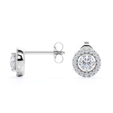Half Bezel Set 1.10 Carat Round Certified Moissanite and Diamond Under Halo Modern Stud Earrings in White Gold