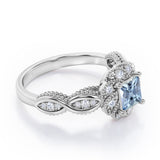 Beaded Halo 1.15 Carat Princess Cut Aquamarine And Diamond Infinity Engagement Ring In White Gold
