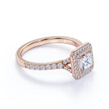 Stunning 1 Carat Princess Cut Moissanite - Pave Set - Split Shank - Double Halo Engagement Ring in 18K Rose Gold over Silver