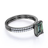 Solitaire 4 Claw 1.50 Carat Emerald Cut Lab Made Alexandrite and Diamond Pave Wedding Ring Sets
