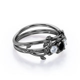 1.25 carat round cut  Black Diamond leaf style bridal set ring in white gold