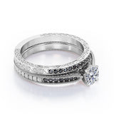 Milgrain-Edged 1.5 TCW Round-Shaped Moissanite with Lab Created Black Diamond Art Deco Victorian Design Wedding Set in Rose Gold