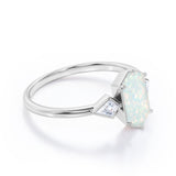 Trillion Six Prong 1.20 Carat Hexagon Shaped White Opal And Diamond Three Stone Bezel Set Engagement Ring In White Gold