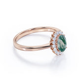 Solitaire Snowflake Style 1.25 Carat Oval Cut Milky White Moss Green Agate and Diamond Halo Engagement Ring