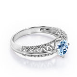Beaded Art Deco 1 Carat Round Cut Aquamarine Solitaire Engagement Ring In White Gold