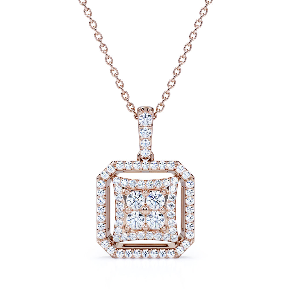 Stylish 0.45 Carat Round Cut Moissanite Halo Double Framed Pendant Necklace In White Gold