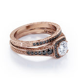 Filigree Pave Channel 1.6 TCW Round Moissanite with Lab Created Black Diamond Double Prong Cluster Wedding Set in Black Gold