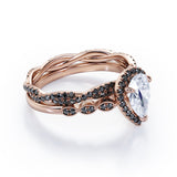 Eternity Crossover 1.75 TCW Pear Shaped Moissanite with Lab Created Black Diamond Halo-Vintage Style Wedding Ring Set in White Gold