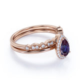 Antique Art Deco 1.50 Carat Pear Cut Lab Alexandrite and Diamond Halo Bridal Set Rings