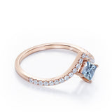 Chevron 1.25 Carat Princess Cut Aquamarine And Diamond Four Prong Pave Set Engagement Ring In White Gold