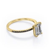 Four Prong - 1.25 TCW Emerald Cut Moissanite with Lab Created Black Diamond - Engagement Ring with Pave Accents in White Gold