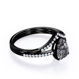 1.40 ct Pear Black Rutilated Quartz V Style Pave Bridal Set