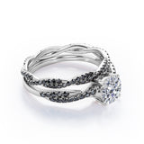 Double Twisted Eternity - 1.75 TCW Round Cut Moissanite with Lab Created Black Diamond - Basket Cathedral Bridal Ring Set in White Gold