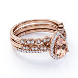 Limited Time Sale: Huge 2 Carat Pear cut Morganite and Diamond Trio Wedding Ring Set in Rose Gold