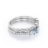1.15 Carat Round Cut Aquamarine And Diamond Leaf Art Deco Wedding Ring Set In White Gold
