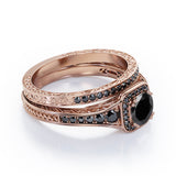 Filigree Pave Channel 1.6 TCW Round Lab Created Black Diamond Double Prong Cluster Wedding Set in White Gold