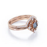 Modern Leaf Outline 5 Stone 0.85 Carat Round Cut Fancy Dark Grey Salt and Pepper Diamond and Contour Pave Band Bridal Set Rings