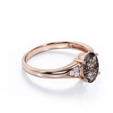 Tapered Prong Setting 1.15 Carat Oval Cut Druzy Black Rutilated Quartz and Diamond 7 Stone Classic Engagement Ring