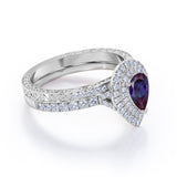 Vintage 1.65 Carat Pear Cut Lab Created Alexandrite Art Deco Wedding Ring Set In White Gold