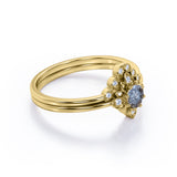 Sunburst Bezel Set 0.65 Carat Round Druzy Black Rutilated Quartz and Diamond Art Deco Dainty Wedding Set Rings