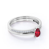 Classic Minimalist Prong Set 1.25 Carat Pear Cut Lab Ruby and Diamond Micro Pave Wedding Ring Set in White Gold