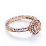 Decorative Halo 1 carat Round Morganite and Diamond Milgrain Engagement Ring in White Gold