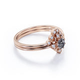 Sunburst Bezel Set 0.65 Carat Round Druzy Black Rutilated Quartz and Diamond Art Deco Dainty Wedding Set Rings