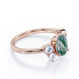 Unique 1 carat Oval Five Stone Ring With Petite Moss Green Agate and Diamond in White Gold