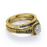 Filigree Pave Channel 1.6 TCW Round Moissanite with Lab Created Black Diamond Double Prong Cluster Wedding Set in Black Gold