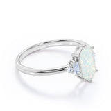 Unique Six Prong Basket Set 1.15 Carat Hexagon Shaped White Fire Opal And Diamond Five Stone Engagement Ring In White Gold.