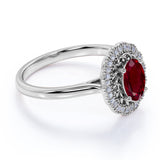 Plain Band 1.25 Carat Oval Cut Lab Ruby and Diamond Halo Engagement Ring in White Gold