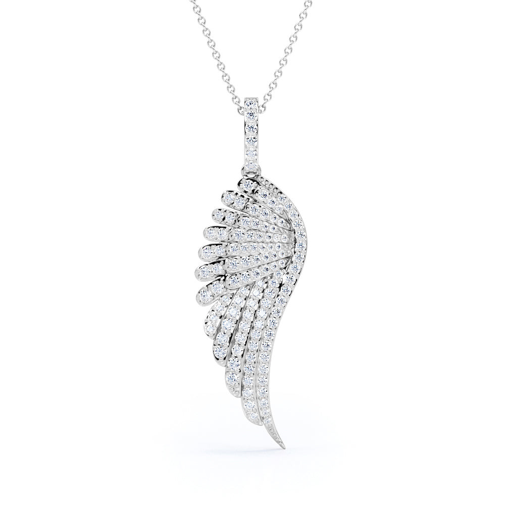 0.45 Carat Round Cut Moissanite Angel's Wing Pendant Necklace In White Gold