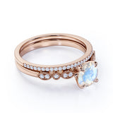 Vintage 1.25 ct Round Rainbow Moonstone Wedding Set