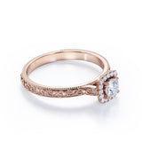 Vintage Filigree 0.7 carat Round Moissanite and Diamond Halo Engagement Ring in Rose Gold